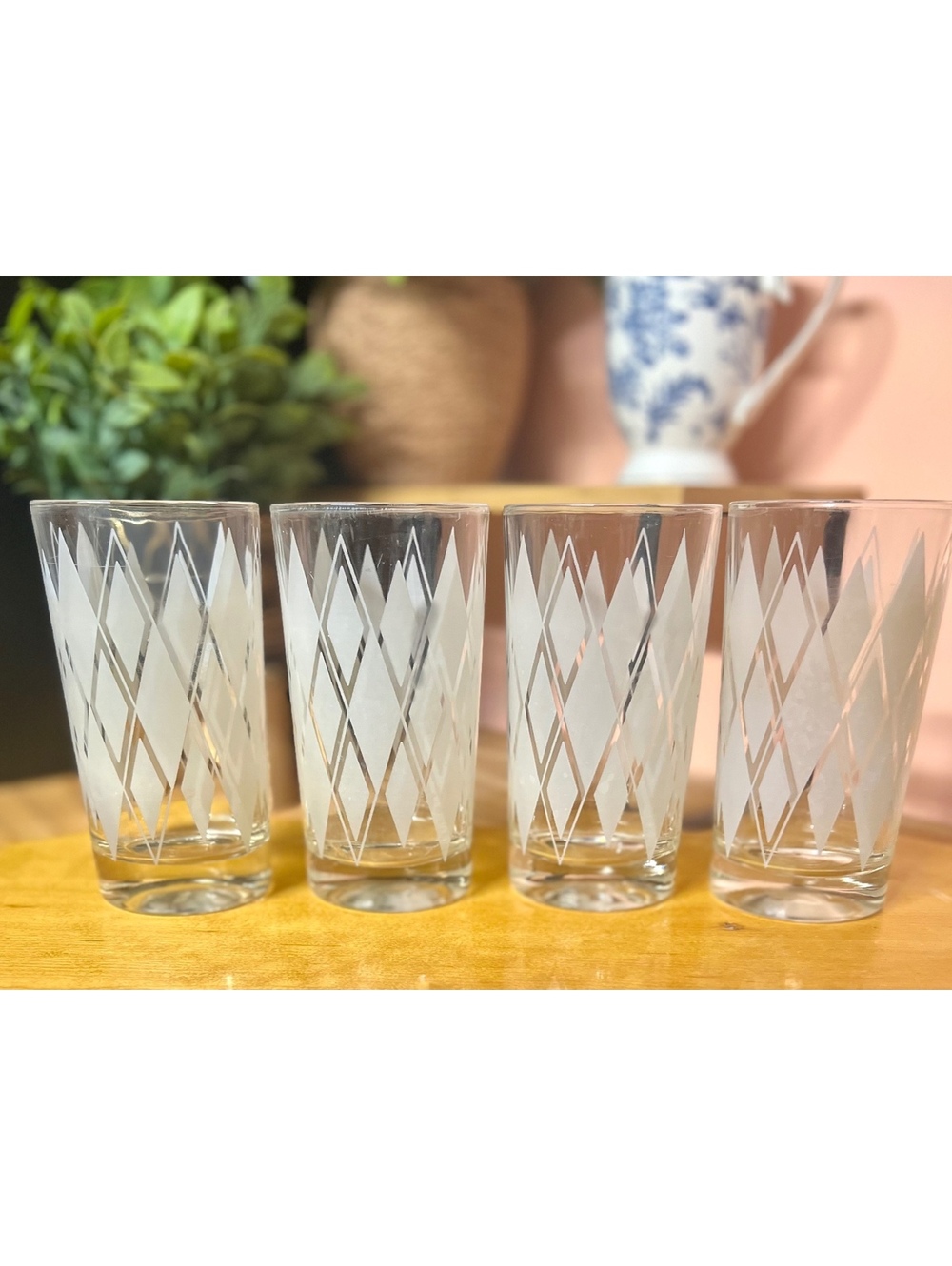 Vintage 1950s Atomic Frosted White Diamond Harlequin Highball Glasses Set of 4